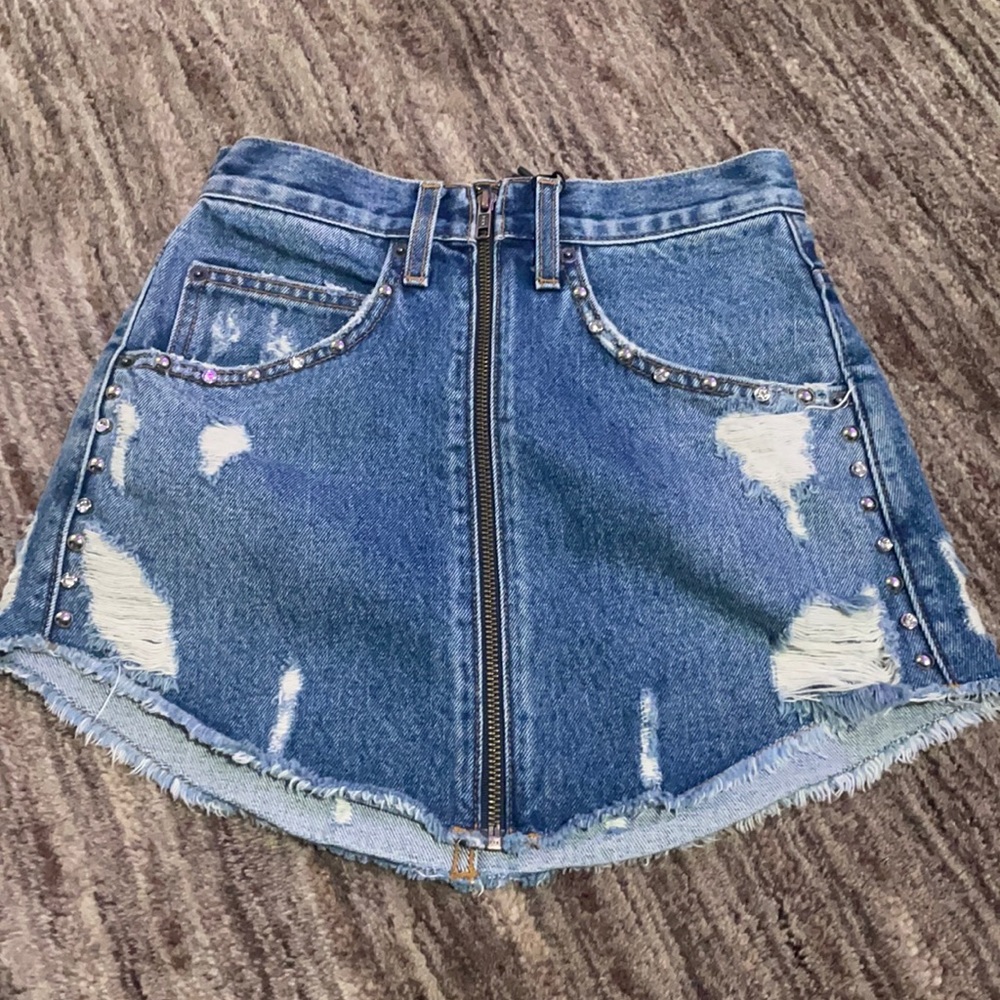 LF distressed jean skirt with rinestone embellishments